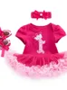 2024 Nieuwe 2024 Summer Girl Cartoon Korte mouwen Rose Red Red Jurk Three Pally Set voor kinderrok