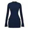 Casual Dresses QWEEK Vintage Elegant Office Ladies Dark Blue Sexy Mini Dress Women Commuting Bodycon Club Party Short 2024 Spring