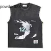 2024 gewassen oude vestbrief graffiti print losse schouder mode trendy mouwloos t-shirt