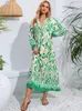 Casual Dresses Fashion Printed Swing Maxi Dress For Women Loose Pullover V-neck Long Sleeved Vestido 2024 Summer Lady Holiday Beach Robes