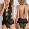 Hete verkopen erotische lingerie, sexy dames zwart één stuk hangende nek lingerie