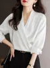 Women's Blouses 2024 Women Blusas Vintage White Satin Chic Tops Long Sleeve Casual Chiffon Blouse Female Work Wear Office Shirts D244