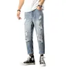 Jeans masculinos 2024 Moda de primavera/verão azul rasgado casual relaxado confortável respirável de alta qualidade calças de tamanho grande 28-38