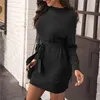 Casual jurken dames lange mouw gebreide vrouwen winter herfst 2024 o-neck a-line mini jurk sexy dikke korte trui zwart