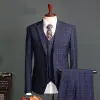 Tuxedos 2018 Navy Check Check Slim Fit Suits Groom Groom Tuxedos Wedding Grooms ثلاث قطع (Jaket+Vest+Pants)