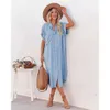 New Fashionable Solid Color Denim Short Sleeved Dress, Medium Length Split Lining Dress F41941