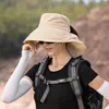 Breite Krempeln Hüte Frauen Großer Sonnenhut Eimer Sommer Outdoor Anti-UV-Fischerei Wanderhals Schutz Schal Visor Cap Ladies Motorhaube