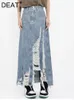 Rokken mode damesrok hoge taille blauwe denim gaten onregelmatige burr lange casual halflichaam zomer 2024 tide 1df6983