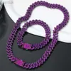 723A Chain 12MM Rhombus Prong Cuban Link Chain 2Row Purple Iced Out Rhinestones Rapper Necklaces Bracelet For Men Women Choker Jewelry d240419
