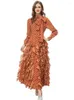 Повседневные платья Seasixiang модельер Spring Long Dress Женщины шнурки с воротником рукав Dot Print Ruffles Vintage