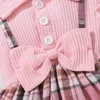 Girl's jurken zomer pasgeboren meisje mode prinses jurk roze streep flip kraag vliegende rand mouwen geruite print boog jurk 3-24m d240419