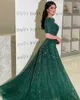 Party Dresses Charming Green Gown V-neck Beaded A-line Tulle Evening Dress Sweep Train Sweetheart Full Sleeve Saudi Arabia Prom