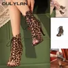 Tanzschuhe 2024 Mode Sommer -Frauenstiefel Schnürung High Heel Fisch Mund Cool sexy Leopard dünne spitze gelegentliche Sandalen