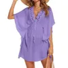 Basic Casual Dresses Women Summer Bikini Cover Up V-neck Lace Trim Half Sleeve Beach Dress Solid Color Waist Tight Flowy Swim Bikini Cover Up 240419