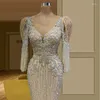 Runway jurken luxe glitter prom kanten applices pailletten lange mouwen avondjurk op maat gemaakte v nek zijkant split feestjurk