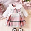 Vestidos de menina crianças vestido xadrez de algodão colar de lapela de manga longa nó de arco rosa bebê fofo bebê