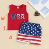Kledingsets Independence Day Baby Boy -kleding set fuzzy letter geborduurde tanktops en streepsterren print shorts 2 stks baby outfits