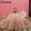 Champagne Crystal Beading Ruffles Ball Gown Quinceanera Dresses Illusion Applices Lace 3D Flowers Corset Vestidos de 15 Anos