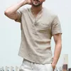 High Quality MenS Linen V Neck Bandage T Shirts Male Solid Color Long Sleeves Casual Cotton Linen Tshirt Tops 240412