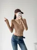 Women's T Shirts Pure Desire Style Sexy Push-up U Collar Curved Hem Irregular Long Sleeve T-shirt Slim Fit Looking High Waist Crop Top