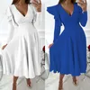 Casual Dresses Women's Spring and Autumn Elegant Solid Colors Dress Fashion Ruffle Patchwork Långärmning Temperament V Neck Midja