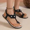 Sandals Bohemian Flower Decor Flat Sandals for Women Summer 2024 Clip Toe Elastic Band Gladiator Shoes Woman Fashion Beach Sandals 36-43 240419