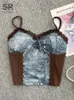 Singreiny Patchwork Lace Backless Camisole Femmes Imprimé rétro-taille élastique Fashion Fashion Fashion Casual Summer Brown Top 240415