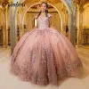 Roségold Spaghetti -Gurtballkleid Quinceanera Kleider 3D Blumen Applizes Spitzen Korset Vestidos de 15 Anos