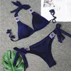 Swimwear féminin Sexy Blue Rhingestones Bikinis Swimsuit Couleur solide Femelle Push Up Bikini plage Swimming Bathing Costume Femme Bather 2024
