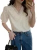 Kvinnors blusar Summer Puff Short Sleeve Lace Blue Work Casual Tops för Fashion Sequined V-Neck Matching Shirt 2024