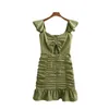Casual Dresses Green Women Dress Flying Sleeve Hollow Out Lace-Up Wrinkle Young Lady Sweety Sexy Ruffles French Style Girls Vestidos