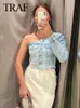 TRAF Womens Asymmetrical Tops Denim One Shoulder Long Sleeve Pockets SingleBreasted Female Fashion Summer Crop 240407