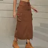 Skirts Cargo Skirt Women Button Maxi Jeans Y2K Streetwear Casual Low Waist Side Drawstring Ruched Long Denim With Pockets