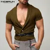 Mäns casual skjortor incerun män randig v hals kort ärm knappkläder sommar streetwear 2024 fitness mode camisas s-5xl