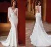 Modest V Neck Mermaid Wedding Dresses Leaf Lace Appliqued Long Sleeves Simple Satin Boho Garden Bridal Gowns See Through Back With Train Robes de Mariee YD