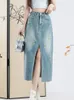 スカートレトロ刺繍花デニムハイウエストスプリットスカート2024夏のファッション女性服