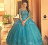 ターコイズクリスタルボールガウンQuinceanera Dresses 2020長袖バトーアップリケビーズVestidos de 15 Anos Prom Party Gowns for S9765606