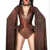 Stage Wear Women Singer Dancer Performance Costume Leopard Pattern Hollow Bodysuit Glove Shawl Printed Birthday Party Festival Outfit