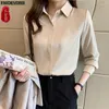 Kadın Bluzları S-3XL 2024 İlkbahar Yaz Moda Üstleri Kadınlar Temel Wear Office Lady Long Sleeve Retro Vintage Zarif Düğme Gömlekleri