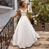 Elegant Satin A Line Wedding Dresses Sheer O Neck Lace Appliqued Boho Sleeves Back Buttons Sweep Train Vestidos De Novia Plus Size YD
