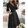 Casual Dresses Women Lace Up Spring Summer Dress Long Sleeve Unique Elegant High Wait Slim V-neck Female Solid Color Computer