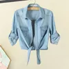 Women's Jackets Tie Knot Women Coat Chic Half-sleeve Cardigans Turn-down Collar Lace-up Design Patch Pockets For Streetwear Fashion