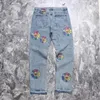 Women's Jeans High Street Washing Do Old Colorful Diamond Sunflower Straight Leg Loose Fashion Men Women