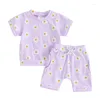 Ensembles de vêtements 2pcs Baby Girls Summer Turnits Set Cotton Coton Casual Short Sleeve Daisy Print Tops Shorts Short pour tout-petit