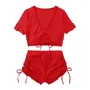 Costumi da bagno femminile costume da bagno solido elegante set di bikini estivi con tronchi da cani a vita alta per spiaggia per spiaggia