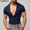Mäns casual skjortor incerun män randig v hals kort ärm knappkläder sommar streetwear 2024 fitness mode camisas s-5xl