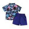 衣料品セット幼児の少年の夏の衣装ツリープリントボタン短袖ビーチシャツ2ピースの休暇の弾性ショーツ18m-6t
