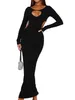 Casual Dresses Fashion Vintage Women's Bodycon Long Dress Sleeve Scoop Neck Cutout for Party and Club Luxury