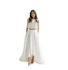 Twee-stuks juweel satijn hi-lo bruidsmeisjes jurken A-line formele jurk