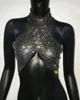 Mulheres diamantes brilhantes FISHNET CROP Tops Sexy Hollow Out Rhinestone Backless Halterneck Top Top Rave Festival Party Party 240408